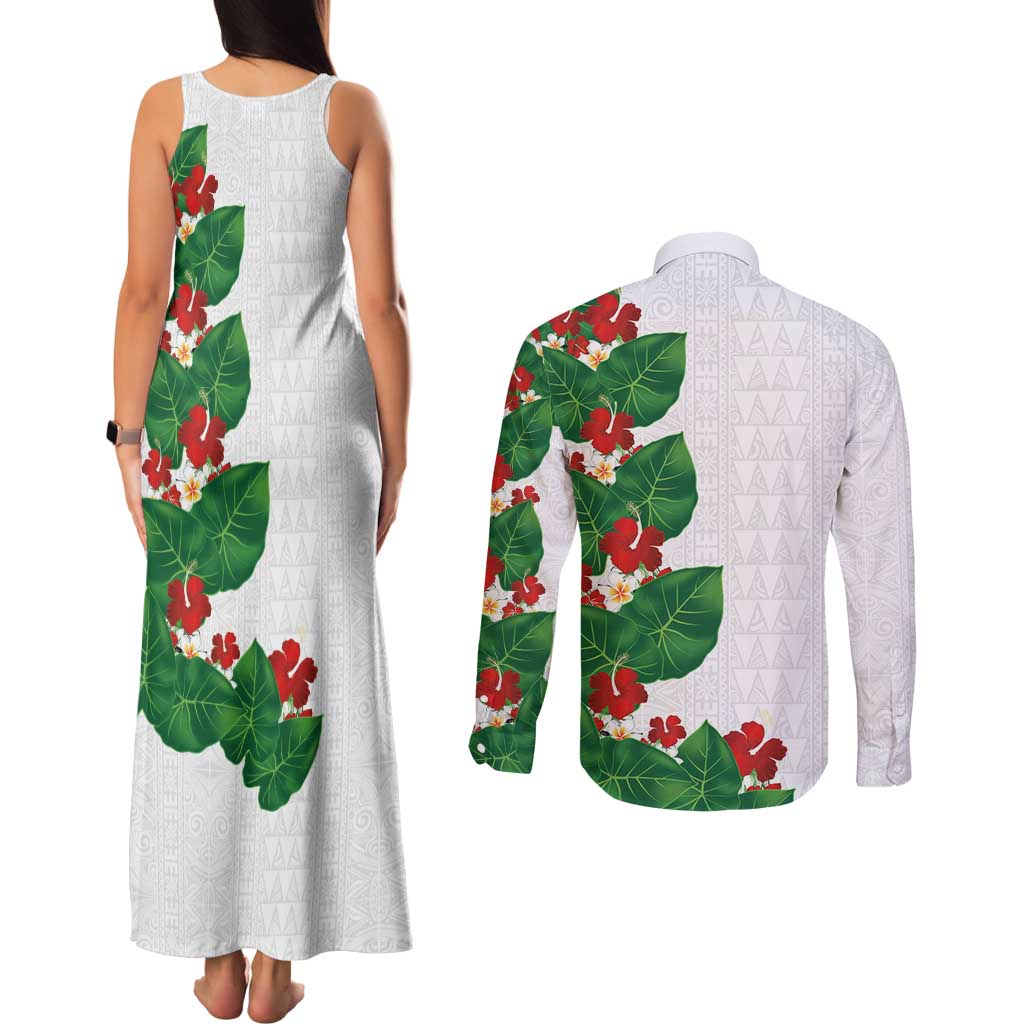 Hawaiian Taro Leaves-Hibiscus and Plumeria Couples Matching Tank Maxi Dress and Long Sleeve Button Shirt Polynesian Art-Kakau Tattoo White LT03 - Polynesian Pride