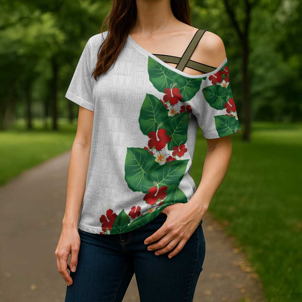 Hawaiian Taro Leaves-Hibiscus and Plumeria Cross Shoulder Shirt Polynesian Art-Kakau Tattoo White