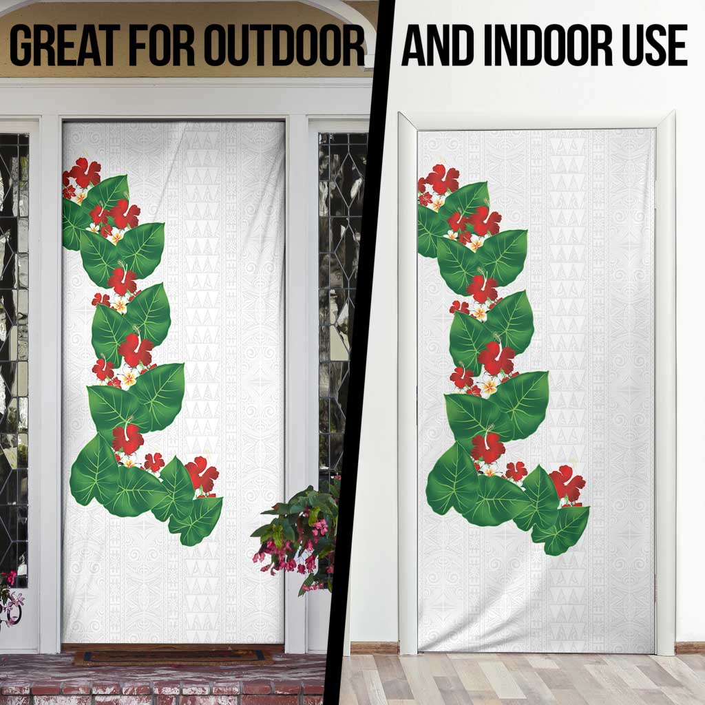 Hawaiian Taro Leaves-Hibiscus and Plumeria Door Cover Polynesian Art-Kakau Tattoo White LT03 - Polynesian Pride