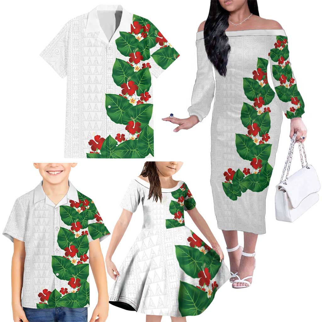 Hawaiian Taro Leaves-Hibiscus and Plumeria Family Matching Off The Shoulder Long Sleeve Dress and Hawaiian Shirt Polynesian Art-Kakau Tattoo White LT03 - Polynesian Pride