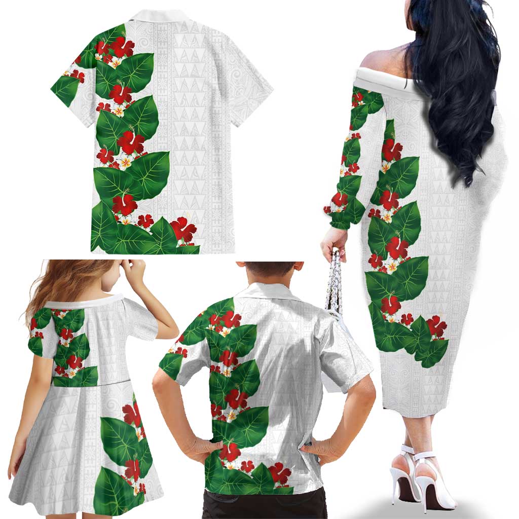 Hawaiian Taro Leaves-Hibiscus and Plumeria Family Matching Off The Shoulder Long Sleeve Dress and Hawaiian Shirt Polynesian Art-Kakau Tattoo White LT03 - Polynesian Pride