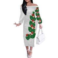 Hawaiian Taro Leaves-Hibiscus and Plumeria Family Matching Off The Shoulder Long Sleeve Dress and Hawaiian Shirt Polynesian Art-Kakau Tattoo White LT03 Mom's Dress White - Polynesian Pride