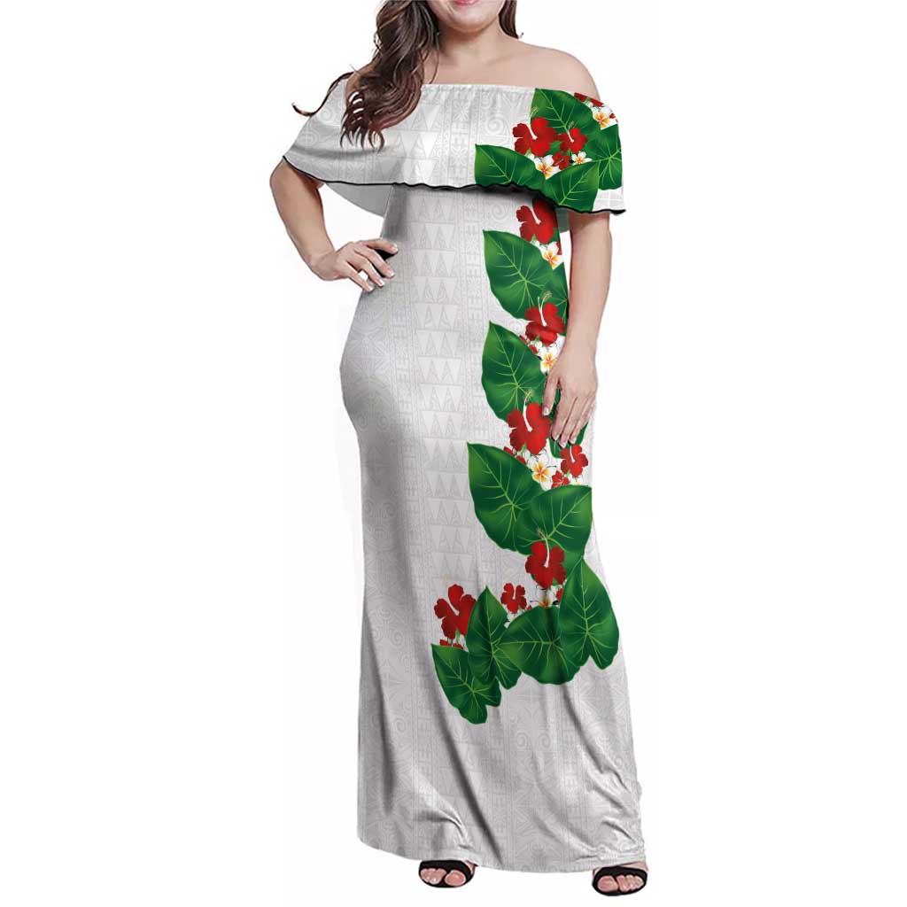 Hawaiian Taro Leaves-Hibiscus and Plumeria Family Matching Off Shoulder Maxi Dress and Hawaiian Shirt Polynesian Art-Kakau Tattoo White LT03 Mom's Dress White - Polynesian Pride