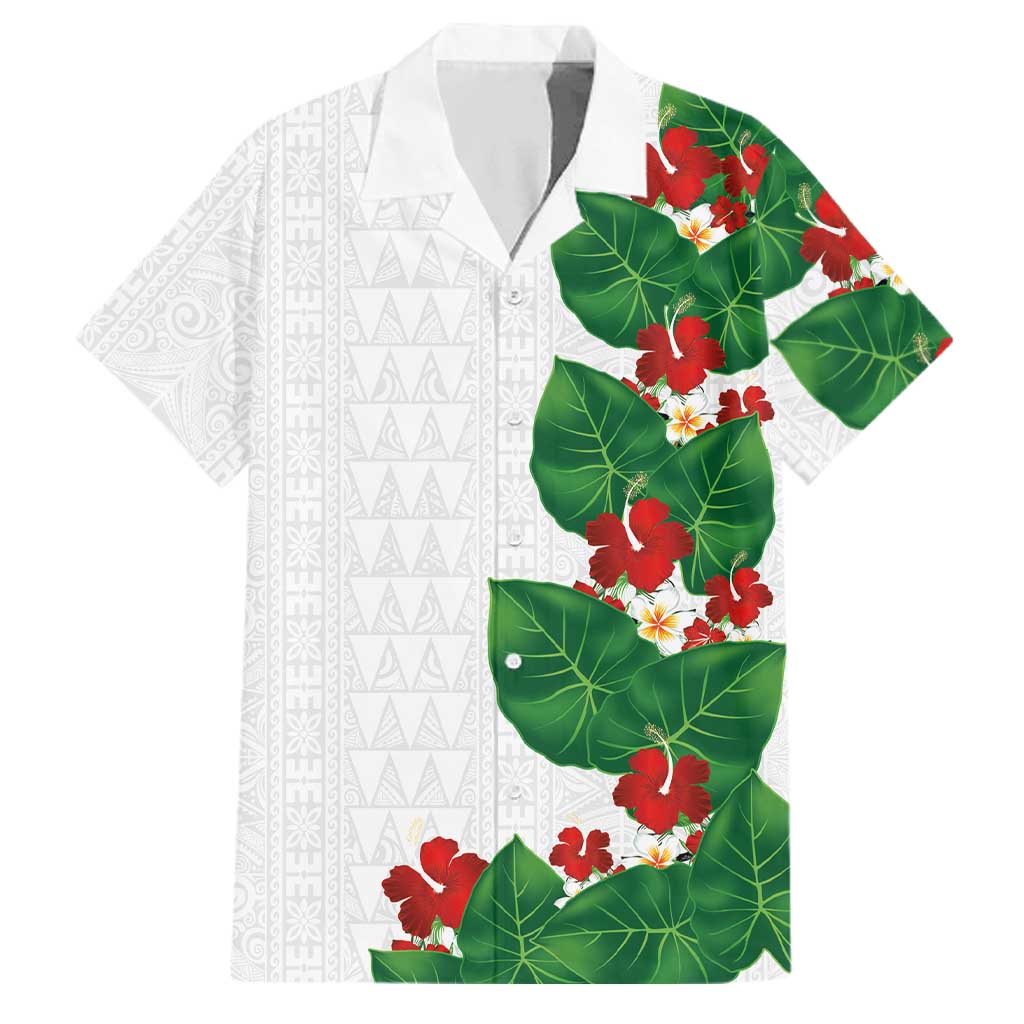 Hawaiian Taro Leaves-Hibiscus and Plumeria Family Matching Off Shoulder Short Dress and Hawaiian Shirt Polynesian Art-Kakau Tattoo White LT03 Dad's Shirt - Short Sleeve White - Polynesian Pride