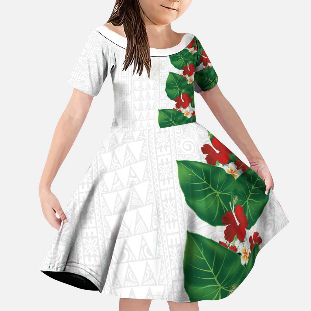 Hawaiian Taro Leaves-Hibiscus and Plumeria Family Matching Short Sleeve Bodycon Dress and Hawaiian Shirt Polynesian Art-Kakau Tattoo White LT03 Daughter's Dress White - Polynesian Pride