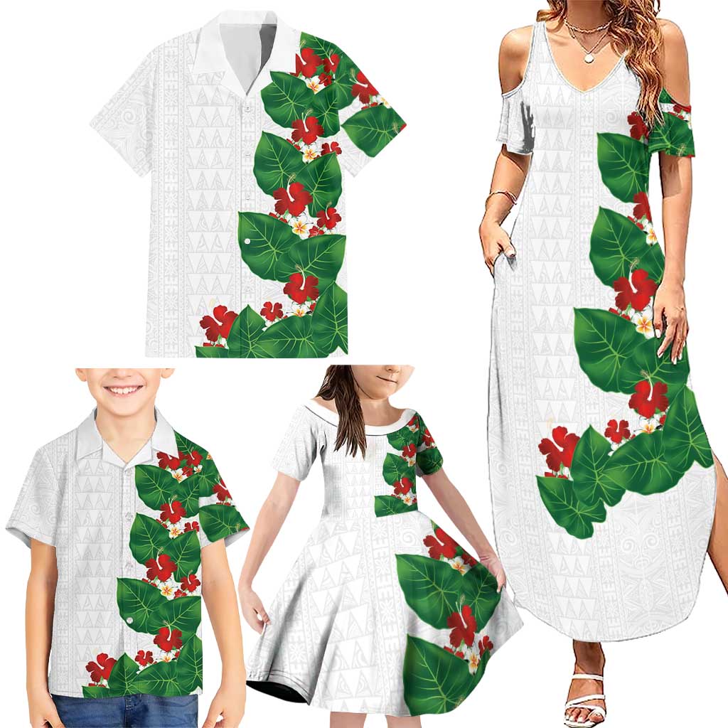 Hawaiian Taro Leaves-Hibiscus and Plumeria Family Matching Summer Maxi Dress and Hawaiian Shirt Polynesian Art-Kakau Tattoo White LT03 - Polynesian Pride