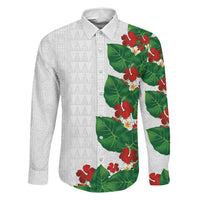 Hawaiian Taro Leaves-Hibiscus and Plumeria Family Matching Tank Maxi Dress and Hawaiian Shirt Polynesian Art-Kakau Tattoo White LT03 Dad's Shirt - Long Sleeve White - Polynesian Pride