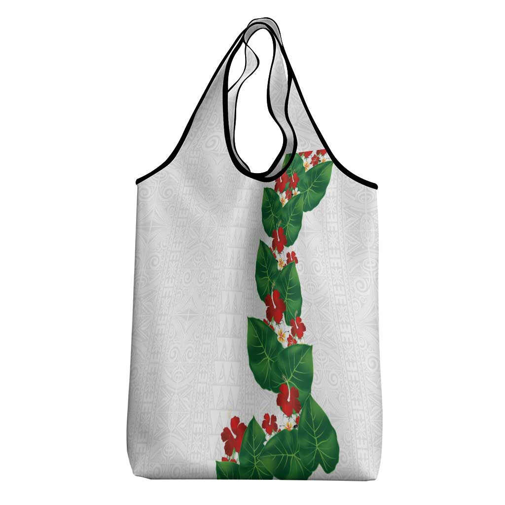 Hawaiian Taro Leaves-Hibiscus and Plumeria Grocery Bag Polynesian Art-Kakau Tattoo White
