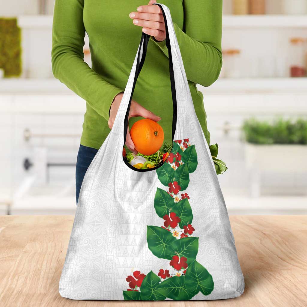 Hawaiian Taro Leaves-Hibiscus and Plumeria Grocery Bag Polynesian Art-Kakau Tattoo White