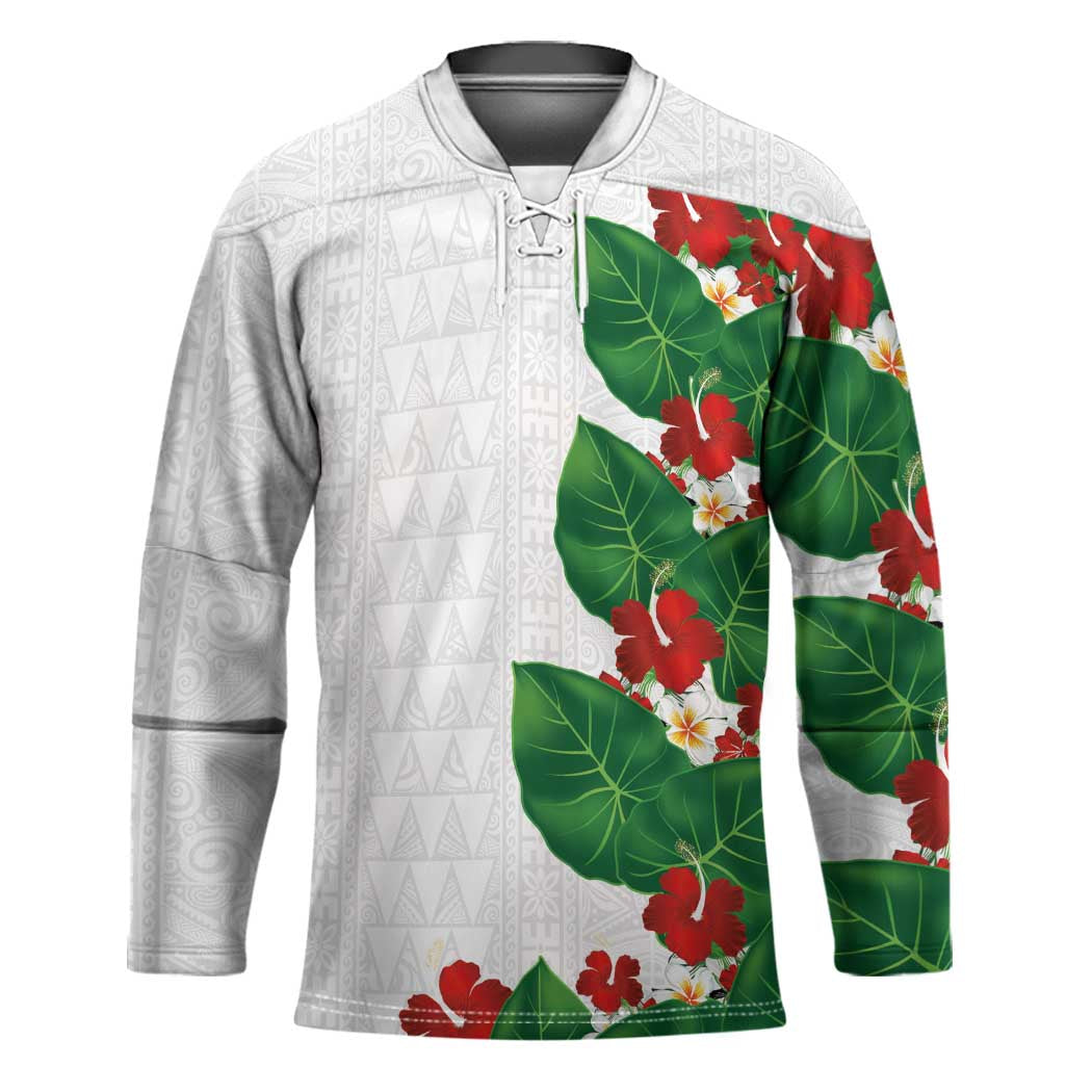 Hawaiian Taro Leaves-Hibiscus and Plumeria Hockey Jersey Polynesian Art-Kakau Tattoo White LT03 Unisex White - Polynesian Pride