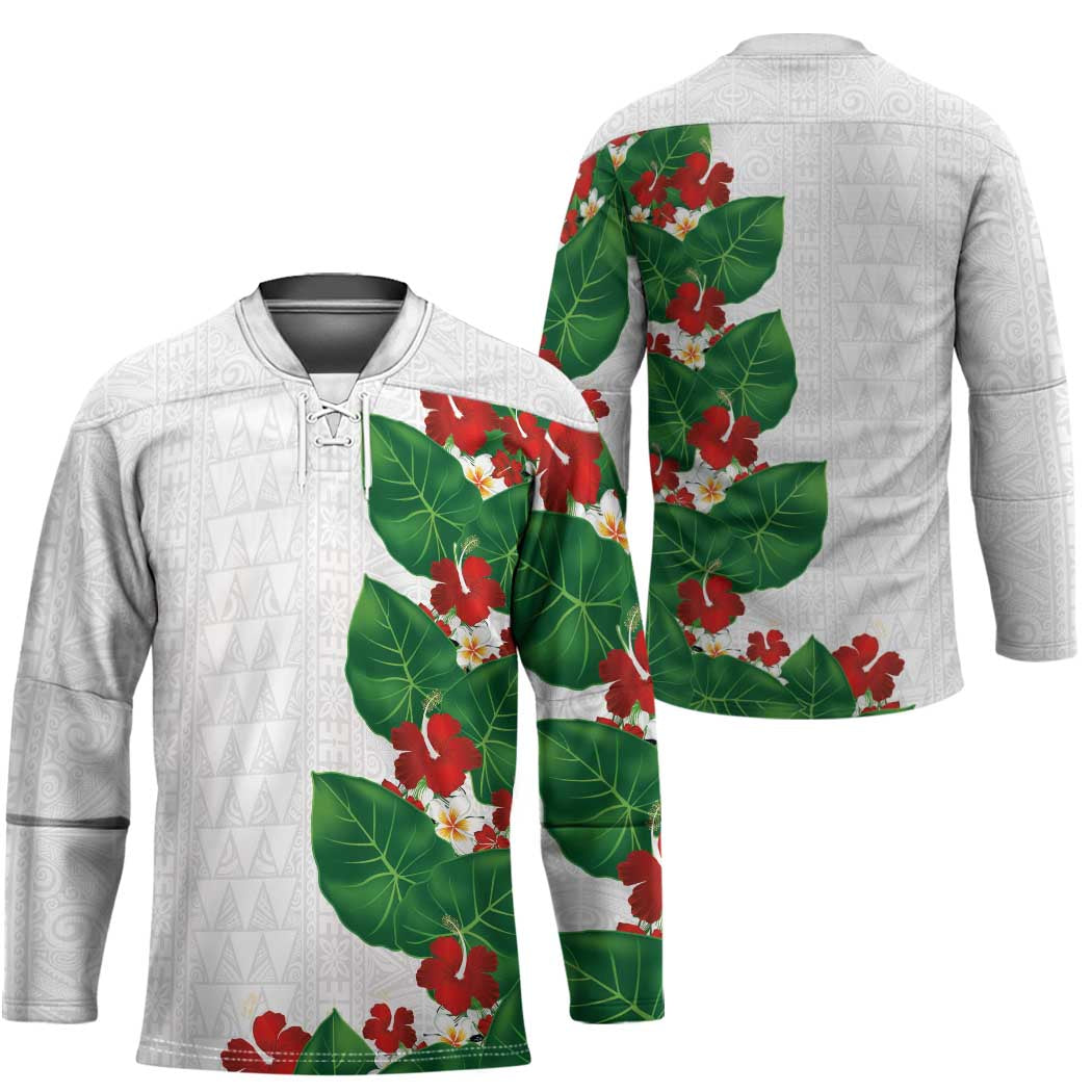 Hawaiian Taro Leaves-Hibiscus and Plumeria Hockey Jersey Polynesian Art-Kakau Tattoo White LT03 - Polynesian Pride