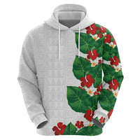 Hawaiian Taro Leaves-Hibiscus and Plumeria Hoodie Polynesian Art-Kakau Tattoo White