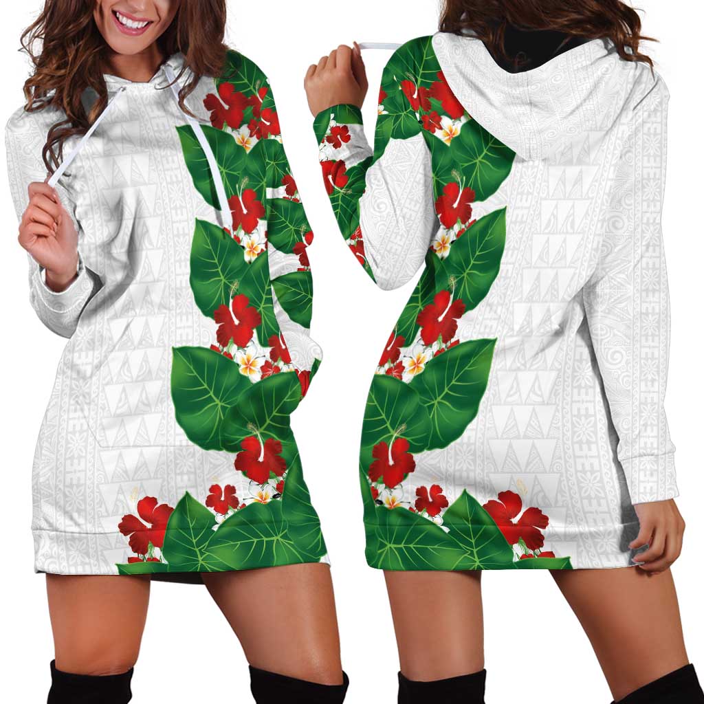 Hawaiian Taro Leaves-Hibiscus and Plumeria Hoodie Dress Polynesian Art-Kakau Tattoo White LT03 - Polynesian Pride