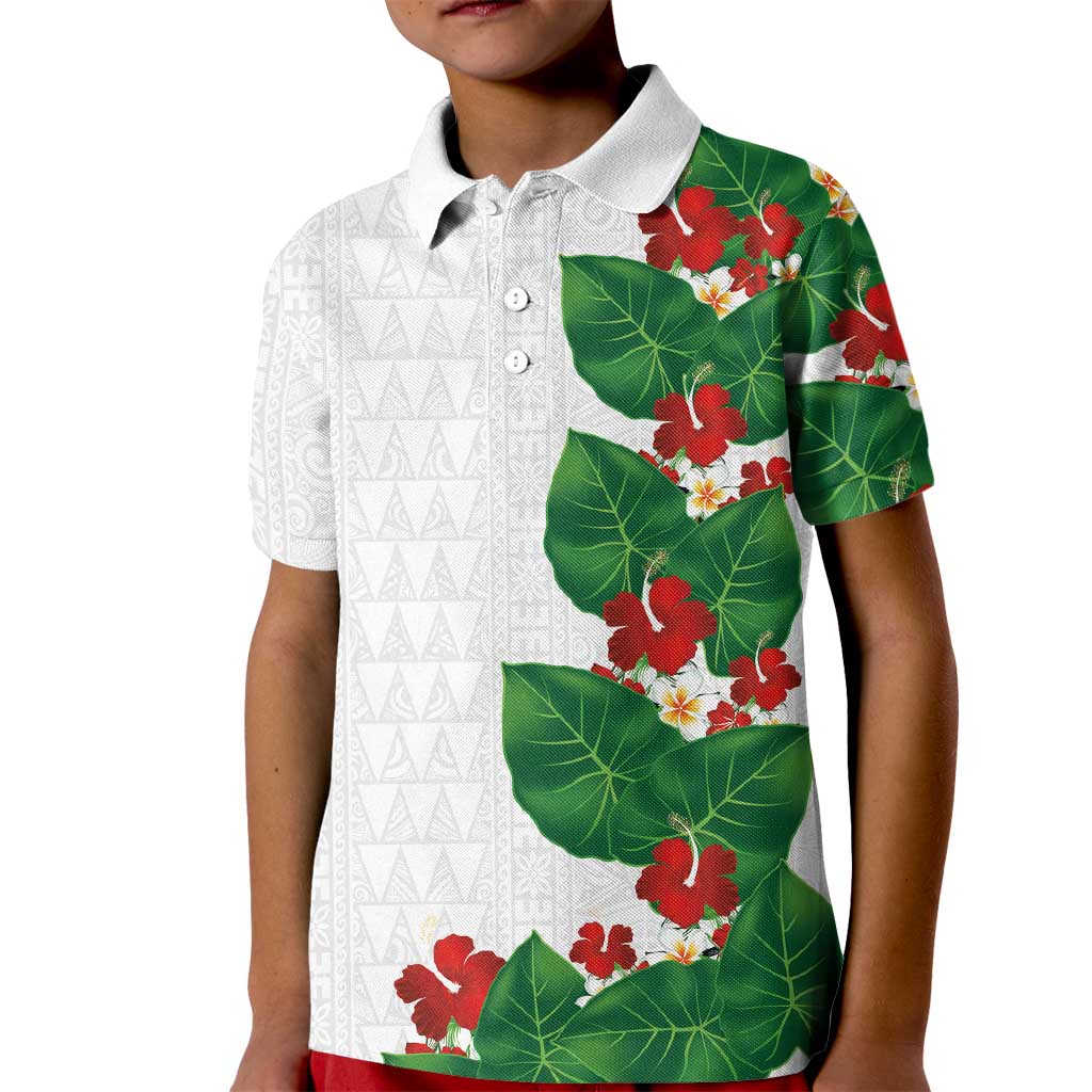 Hawaiian Taro Leaves-Hibiscus and Plumeria Kid Polo Shirt Polynesian Art-Kakau Tattoo White