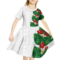 Hawaiian Taro Leaves-Hibiscus and Plumeria Kid Short Sleeve Dress Polynesian Art-Kakau Tattoo White LT03 - Polynesian Pride
