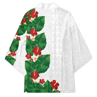 Hawaiian Taro Leaves-Hibiscus and Plumeria Kimono Polynesian Art-Kakau Tattoo White