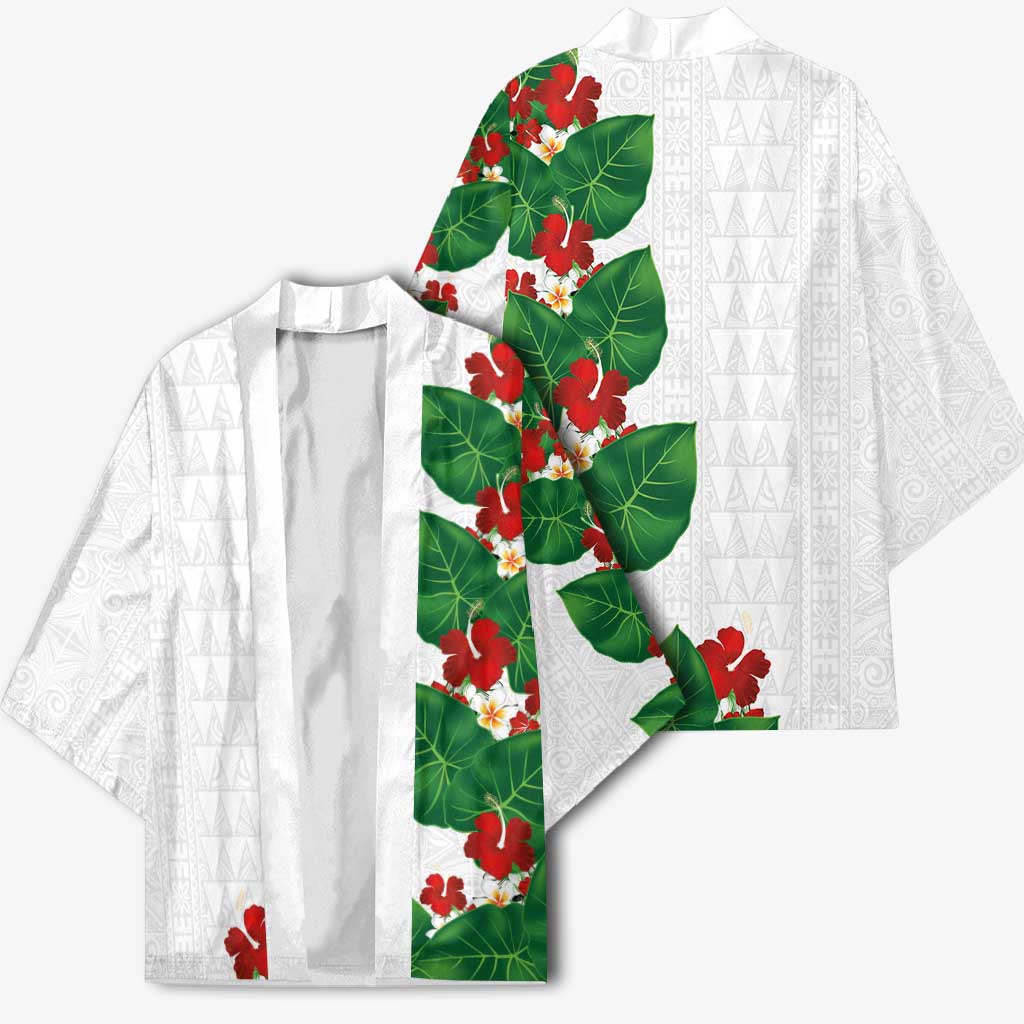 Hawaiian Taro Leaves-Hibiscus and Plumeria Kimono Polynesian Art-Kakau Tattoo White