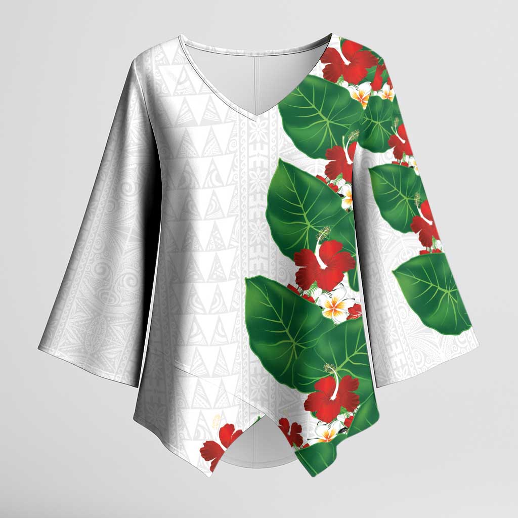 Hawaiian Taro Leaves-Hibiscus and Plumeria Kimono Sleeve Blouse Polynesian Art-Kakau Tattoo White