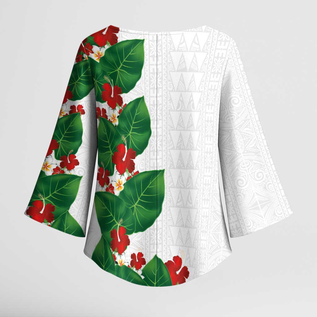 Hawaiian Taro Leaves-Hibiscus and Plumeria Kimono Sleeve Blouse Polynesian Art-Kakau Tattoo White