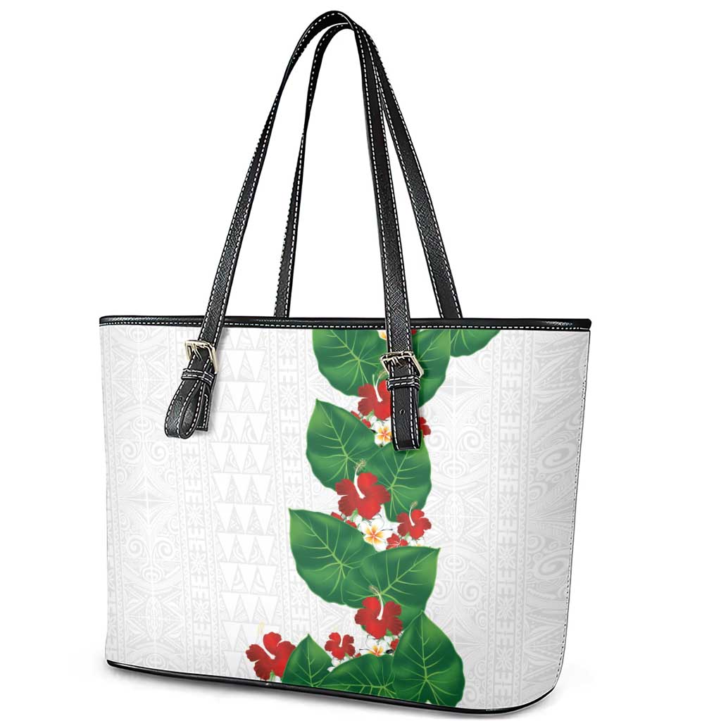Hawaiian Taro Leaves-Hibiscus and Plumeria Leather Tote Bag Polynesian Art-Kakau Tattoo White