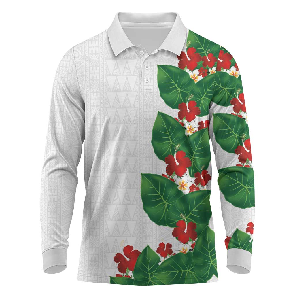 Hawaiian Taro Leaves-Hibiscus and Plumeria Long Sleeve Polo Shirt Polynesian Art-Kakau Tattoo White LT03 White - Polynesian Pride
