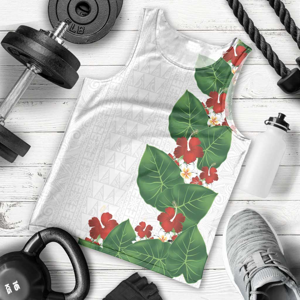 Hawaiian Taro Leaves-Hibiscus and Plumeria Men Tank Top Polynesian Art-Kakau Tattoo White