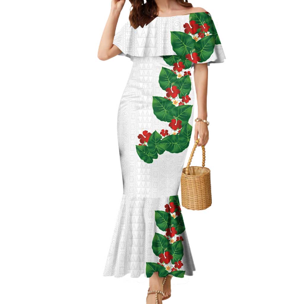 Hawaiian Taro Leaves-Hibiscus and Plumeria Mermaid Dress Polynesian Art-Kakau Tattoo White LT03 Women White - Polynesian Pride