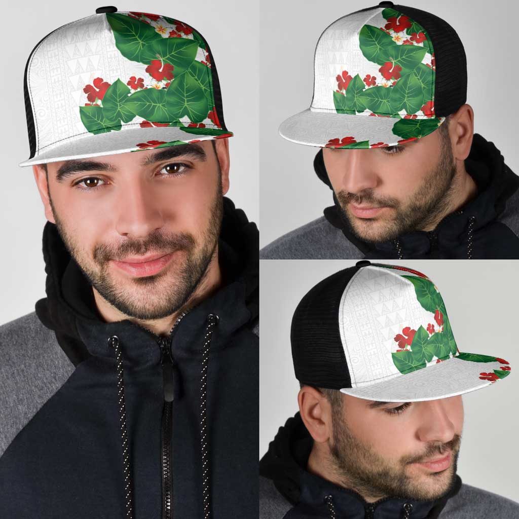 Hawaiian Taro Leaves-Hibiscus and Plumeria Mesh Trucker Cap Polynesian Art-Kakau Tattoo White