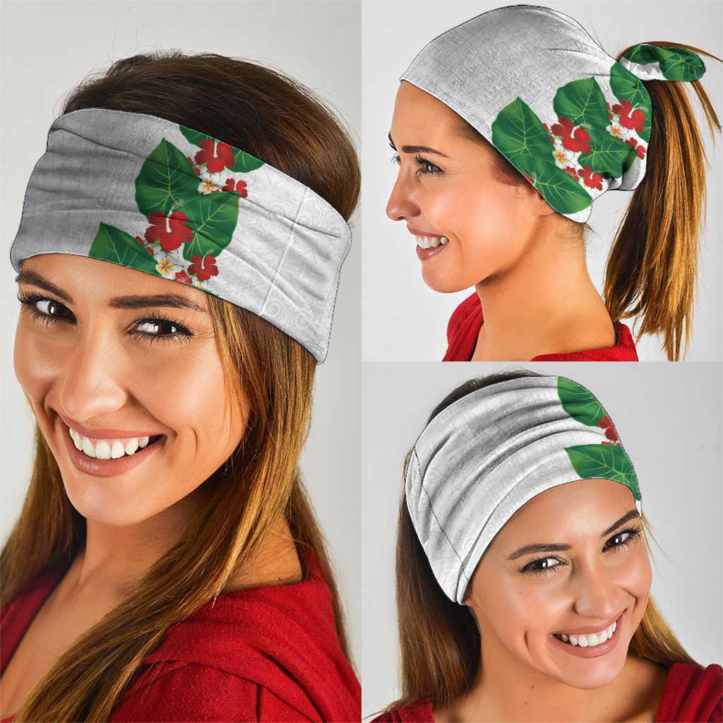 Hawaiian Taro Leaves-Hibiscus and Plumeria Neck Gaiter Polynesian Art-Kakau Tattoo White