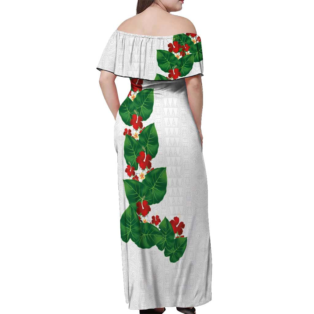 Hawaiian Taro Leaves-Hibiscus and Plumeria Off Shoulder Maxi Dress Polynesian Art-Kakau Tattoo White LT03 - Polynesian Pride