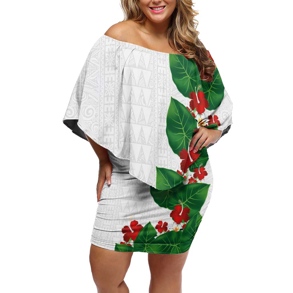 Hawaiian Taro Leaves-Hibiscus and Plumeria Off Shoulder Short Dress Polynesian Art-Kakau Tattoo White LT03 Women White - Polynesian Pride