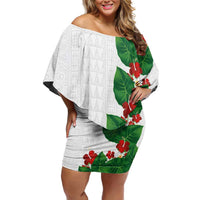 Hawaiian Taro Leaves-Hibiscus and Plumeria Off Shoulder Short Dress Polynesian Art-Kakau Tattoo White LT03 Women White - Polynesian Pride