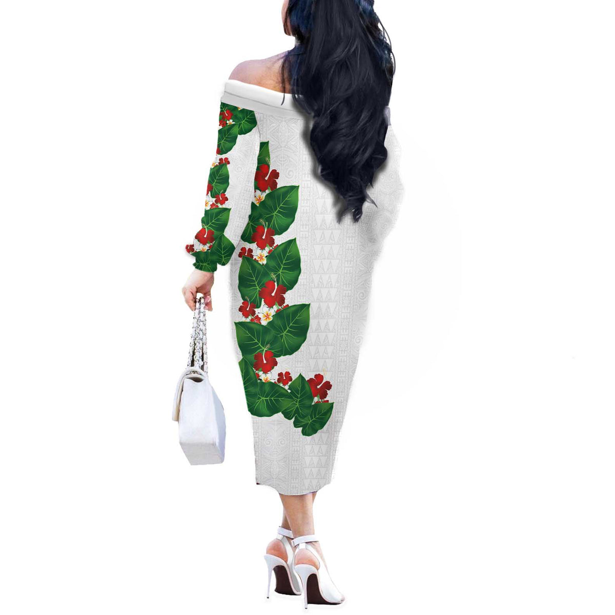 Hawaiian Taro Leaves-Hibiscus and Plumeria Off The Shoulder Long Sleeve Dress Polynesian Art-Kakau Tattoo White LT03 - Polynesian Pride