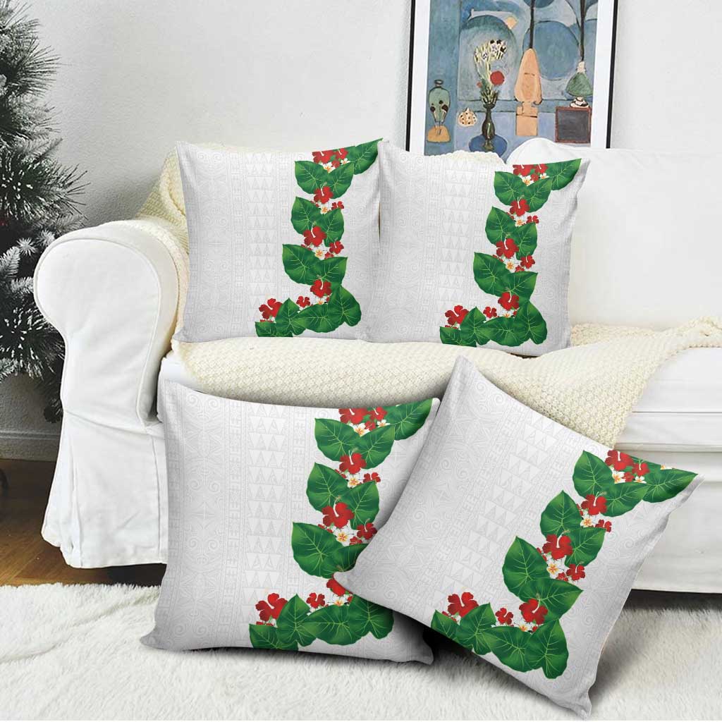 Hawaiian Taro Leaves-Hibiscus and Plumeria Pillow Cover Polynesian Art-Kakau Tattoo White