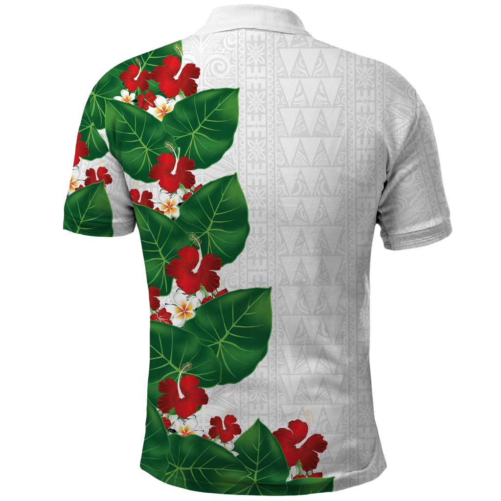 Hawaiian Taro Leaves-Hibiscus and Plumeria Polo Shirt Polynesian Art-Kakau Tattoo White