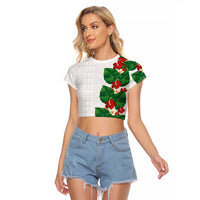 Hawaiian Taro Leaves-Hibiscus and Plumeria Raglan Cropped T Shirt Polynesian Art-Kakau Tattoo White LT03 Female White - Polynesian Pride