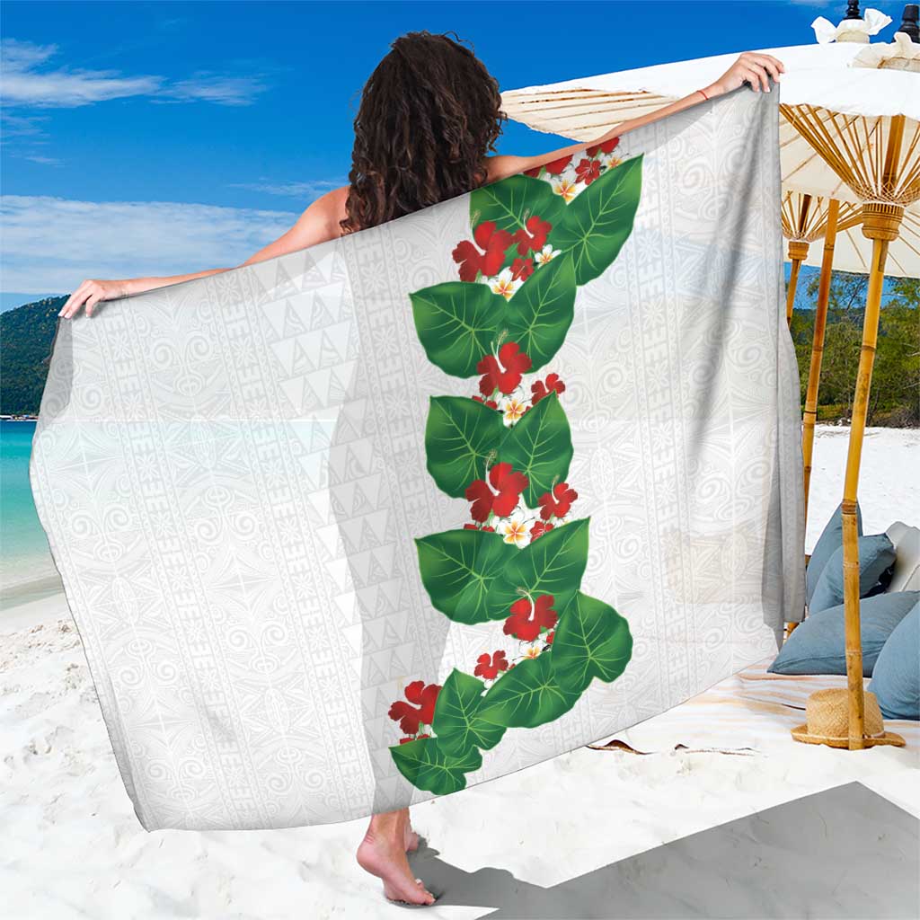 Hawaiian Taro Leaves-Hibiscus and Plumeria Sarong Polynesian Art-Kakau Tattoo White
