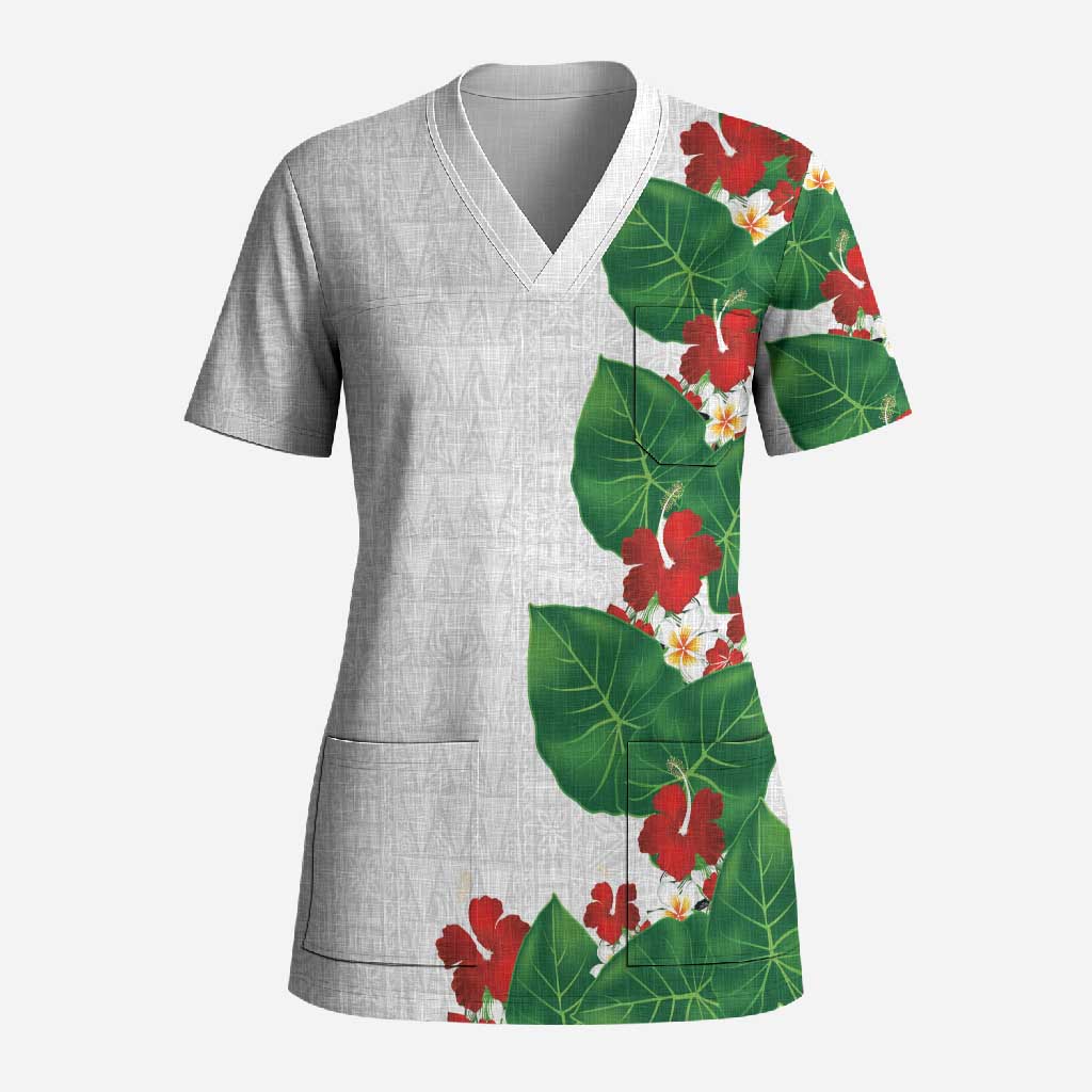 Hawaiian Taro Leaves-Hibiscus and Plumeria Scrub Top Polynesian Art-Kakau Tattoo White