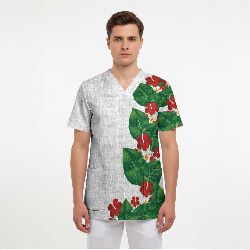 Hawaiian Taro Leaves-Hibiscus and Plumeria Scrub Top Polynesian Art-Kakau Tattoo White