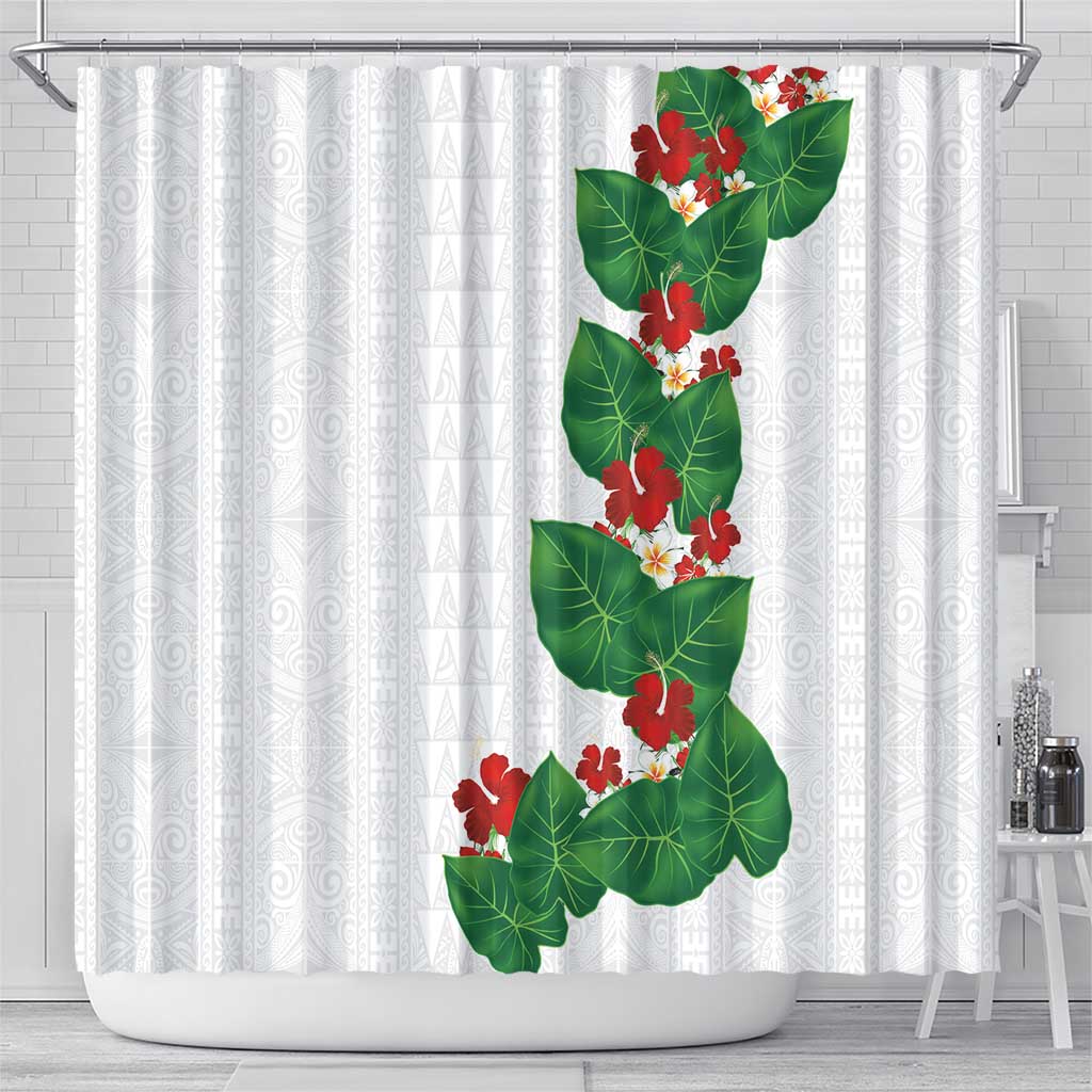 Hawaiian Taro Leaves-Hibiscus and Plumeria Shower Curtain Polynesian Art-Kakau Tattoo White