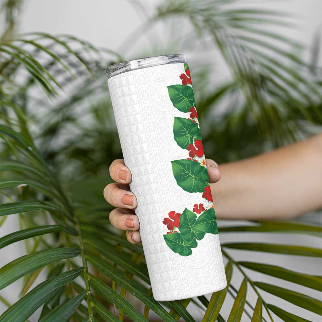 Hawaiian Taro Leaves-Hibiscus and Plumeria Skinny Tumbler Polynesian Art-Kakau Tattoo White LT03 - Polynesian Pride