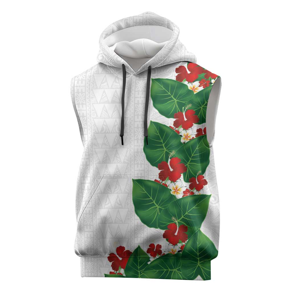 Hawaiian Taro Leaves-Hibiscus and Plumeria Sleeveless Hoodie Polynesian Art-Kakau Tattoo White LT03 White - Polynesian Pride