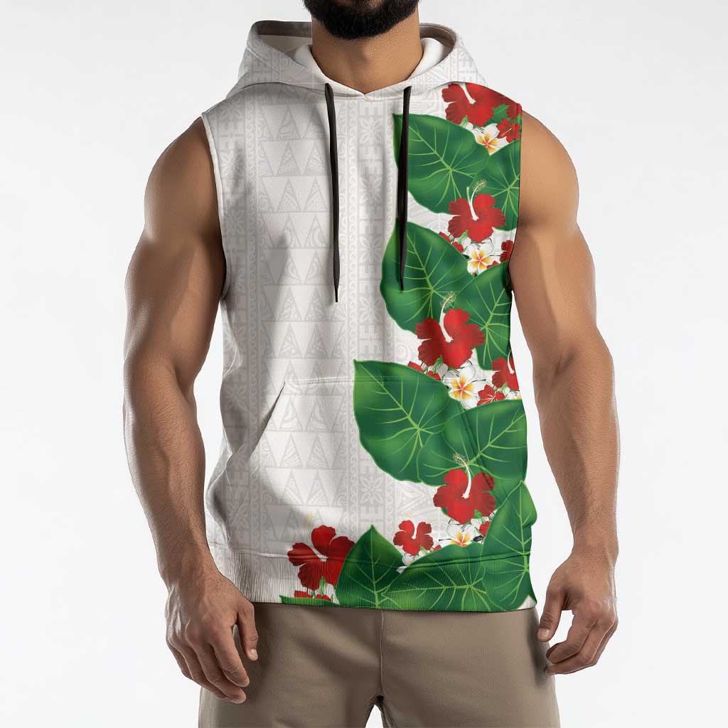 Hawaiian Taro Leaves-Hibiscus and Plumeria Sleeveless Hoodie Polynesian Art-Kakau Tattoo White LT03 - Polynesian Pride