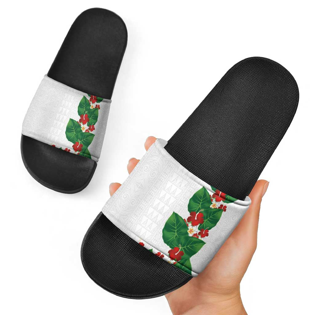 Hawaiian Taro Leaves-Hibiscus and Plumeria Slide Sandals Polynesian Art-Kakau Tattoo White