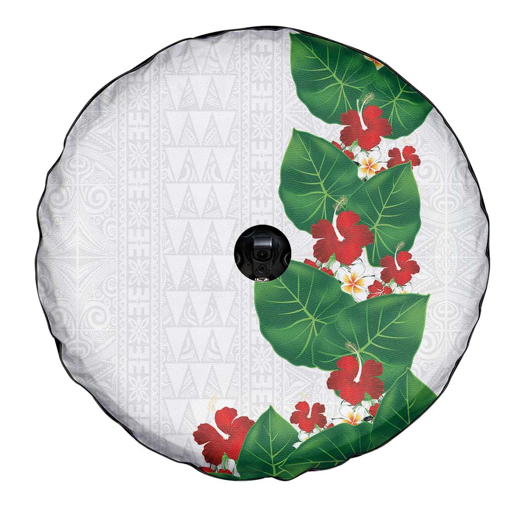Hawaiian Taro Leaves-Hibiscus and Plumeria Spare Tire Cover Polynesian Art-Kakau Tattoo White LT03 - Polynesian Pride