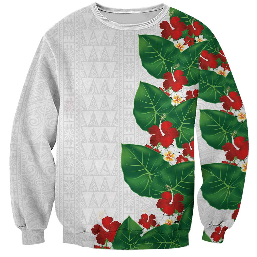 Hawaiian Taro Leaves-Hibiscus and Plumeria Sweatshirt Polynesian Art-Kakau Tattoo White