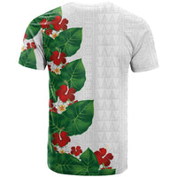 Hawaiian Taro Leaves-Hibiscus and Plumeria T Shirt Polynesian Art-Kakau Tattoo White