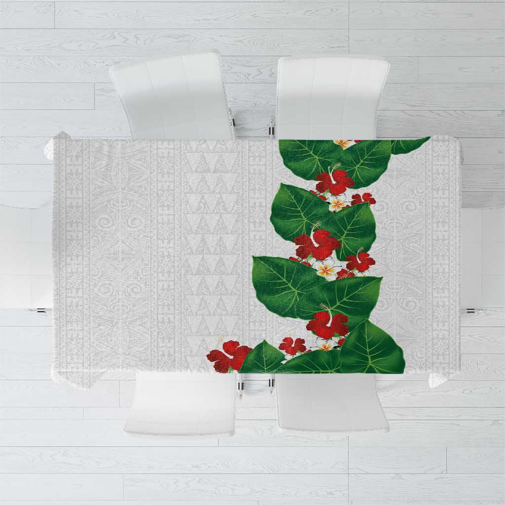 Hawaiian Taro Leaves-Hibiscus and Plumeria Tablecloth Polynesian Art-Kakau Tattoo White
