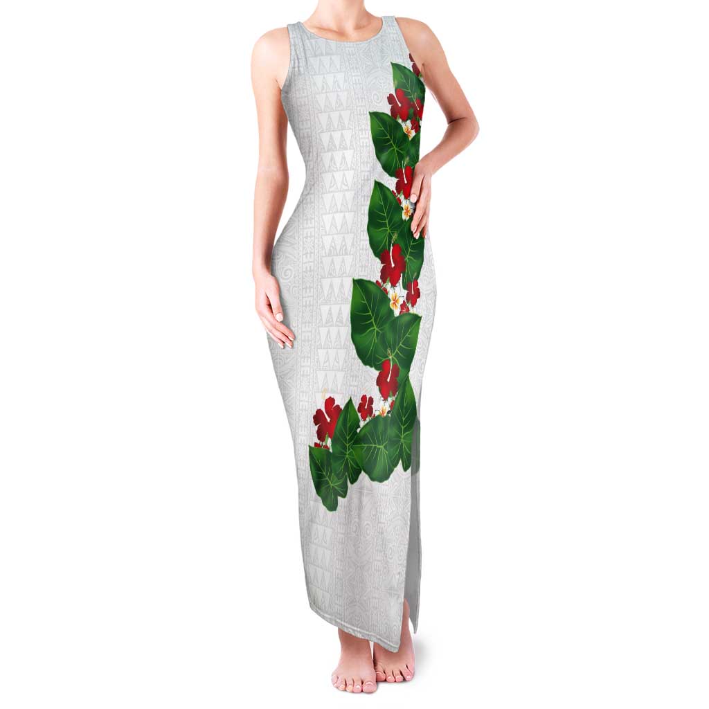Hawaiian Taro Leaves-Hibiscus and Plumeria Tank Maxi Dress Polynesian Art-Kakau Tattoo White LT03 Women White - Polynesian Pride