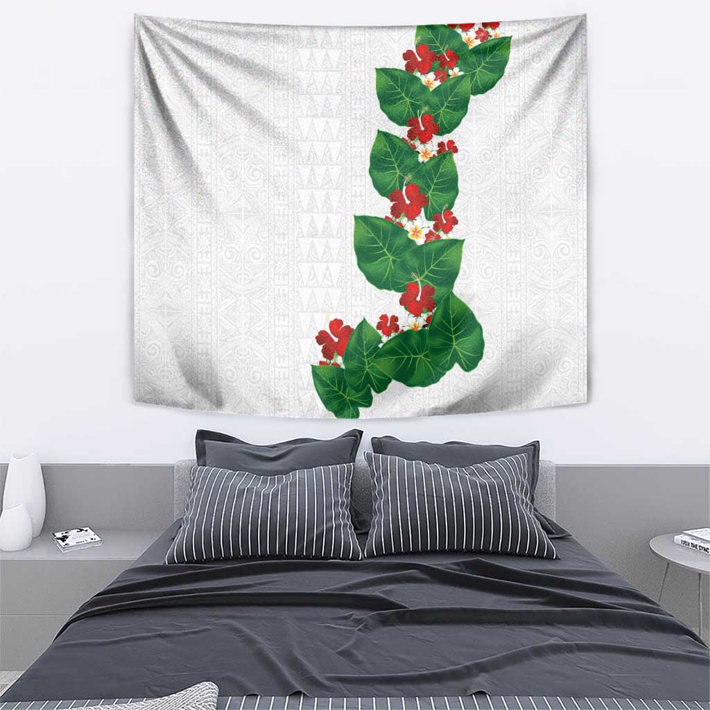 Hawaiian Taro Leaves-Hibiscus and Plumeria Tapestry Polynesian Art-Kakau Tattoo White